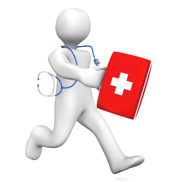 Character as doctor runs with stethoscope and case. — Stock Photo, Image