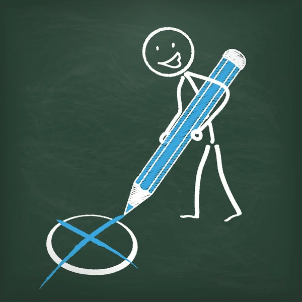 Μαυροπίνακα Stickman και μπλε στυλό — Διανυσματικό Αρχείο