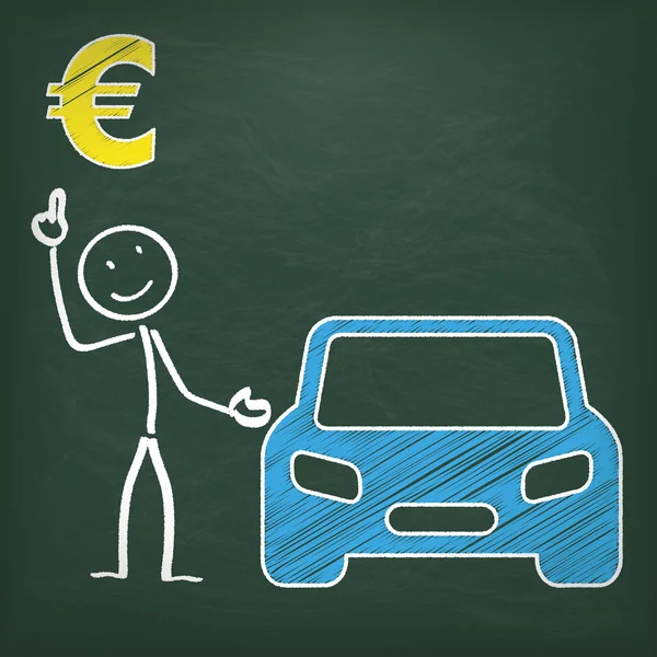 黑板上用火柴人、 蓝色的车和欧元符号 — 图库矢量图片