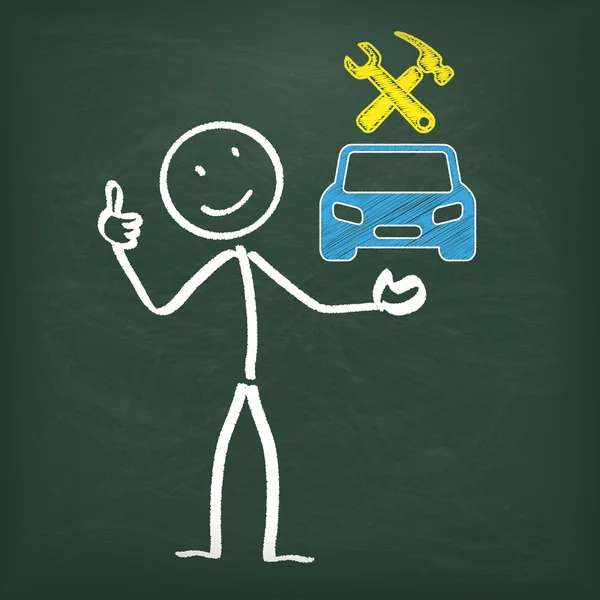 Stickman tableau noir et atelier de réparation de voiture — Image vectorielle