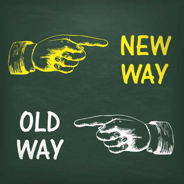 Emberi kéz szöveg "új út" és a "régi módon" — Stock Vector