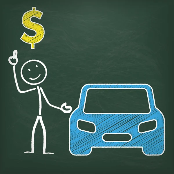 Stickman tableau noir avec voiture et dollar — Image vectorielle