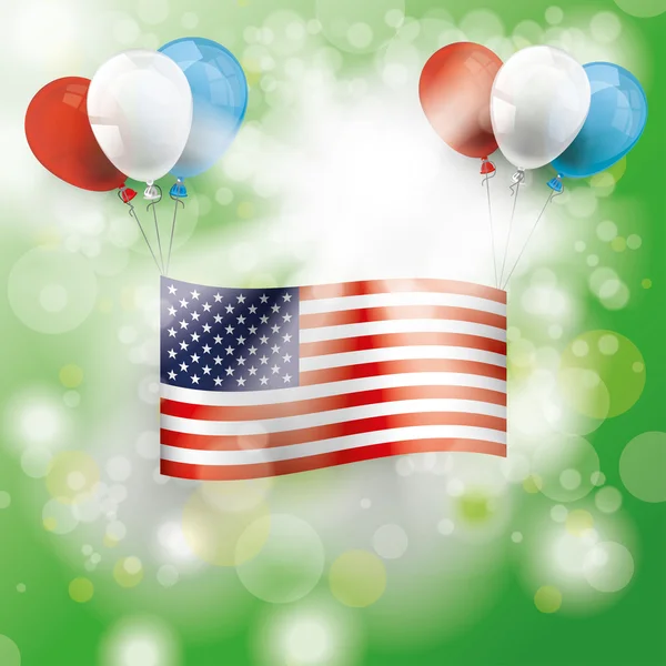 Боке зеленого лісу з сонячним світлом, прапором США та балончиками — стоковий вектор