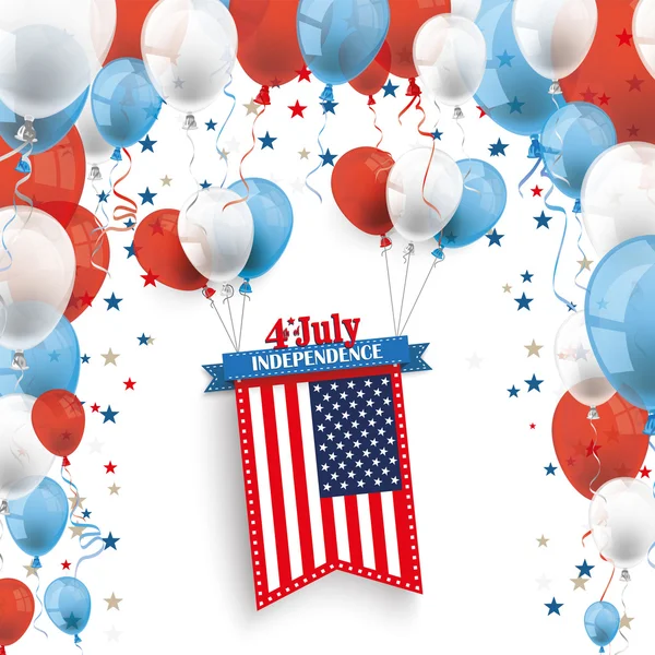 4 de julio con cinta, bandera de Estados Unidos y globos — Vector de stock
