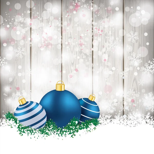 Sneeuwval houten achtergrond blauw kerstballen — Stockvector