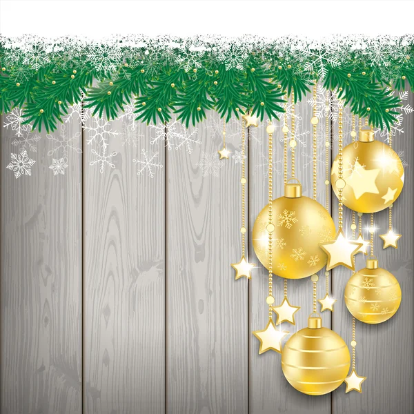 Neve abete ramoscelli legno Laths Golden Baubles — Vettoriale Stock