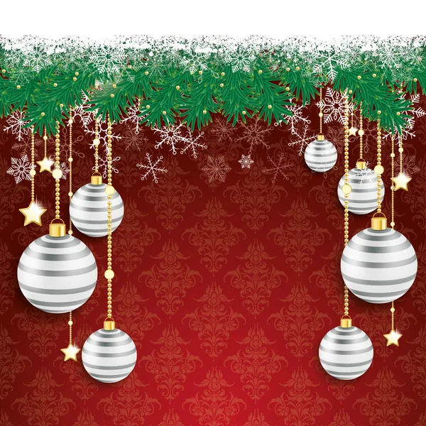 Sneeuw Fir twijgen Bokeh Gray kerstballen — Stockvector