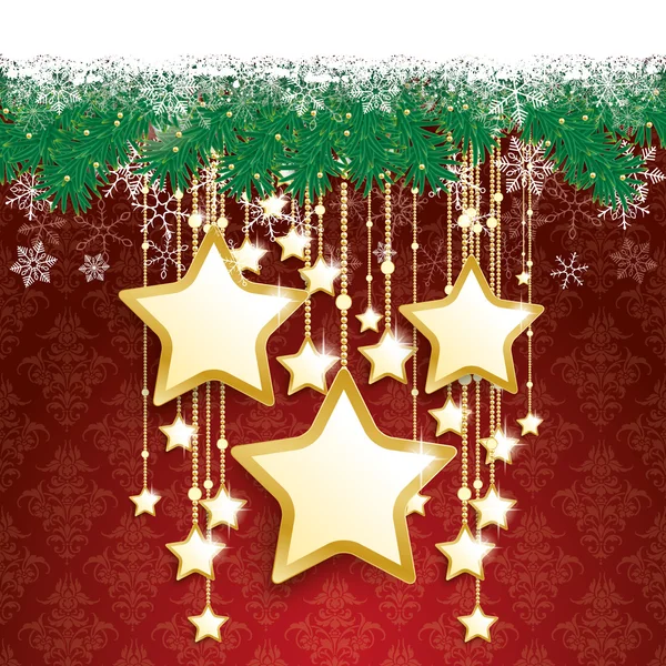 Brindilles de sapin de neige Rideau d'or Bokeh Grandes étoiles — Image vectorielle