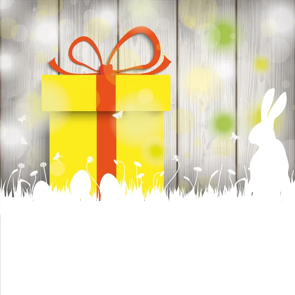 Gift van Pasen kaart konijn houten muur — Stockvector