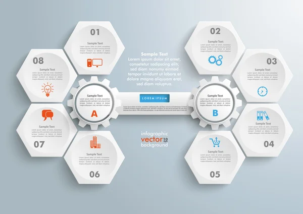 Hexágonos 2 engrenagens guia Infográfico —  Vetores de Stock