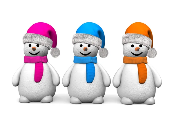 Three snowmen with colored caps — Stock Photo, Image