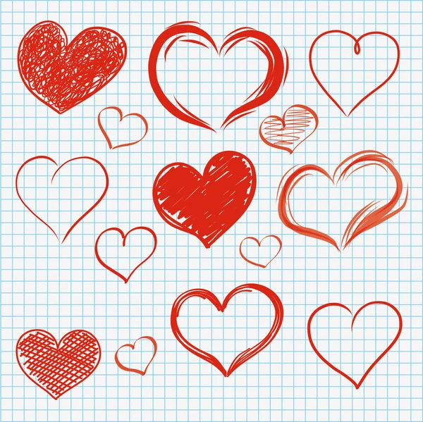 Conjunto de corazones hechos a mano de papel comprobado — Vector de stock