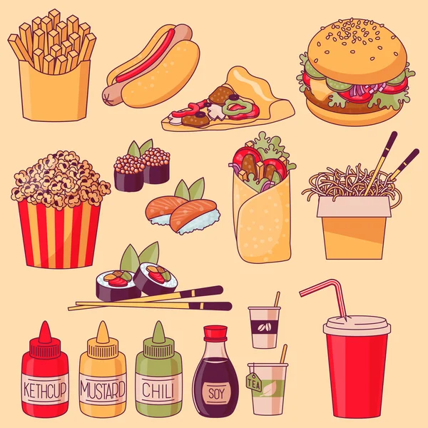 Set van cartoon fastfood pictogrammen — Stockvector