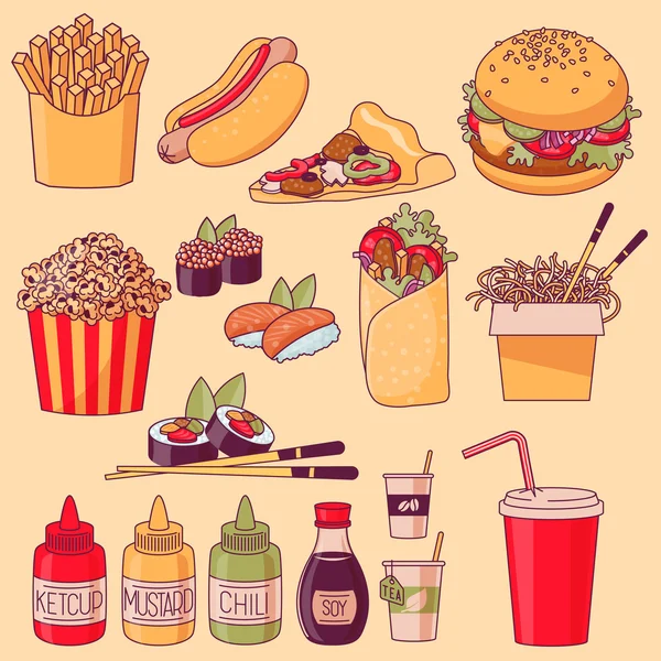 Conjunto de ícones de fast food desenhos animados — Vetor de Stock