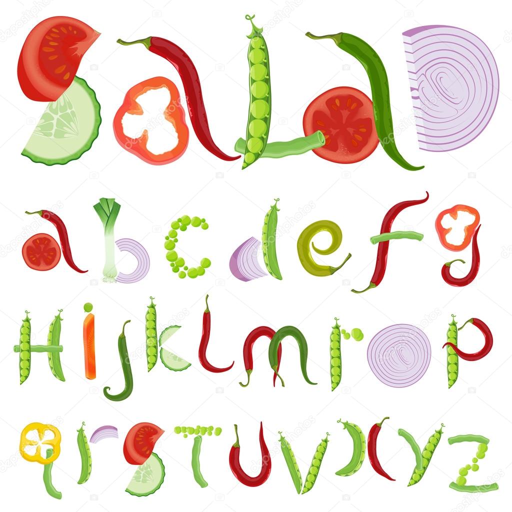 Vegetable salad font set. vector illustration