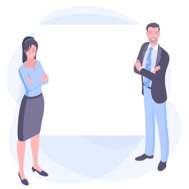 Beyaz panelin arkasındaki kadın ve erkek.