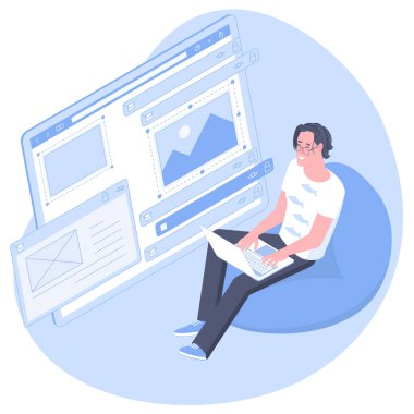 Isometric flat design vector concept of web development, programmer engineering and coding website application. Young man developer project engineer programming application design. clipart svg vector 