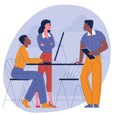 Modern ofiste iş arkadaşları birbirleriyle konuşuyorlar.