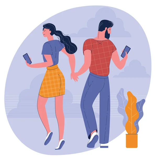 Homem e mulher andando com seus smartphones — Vetor de Stock