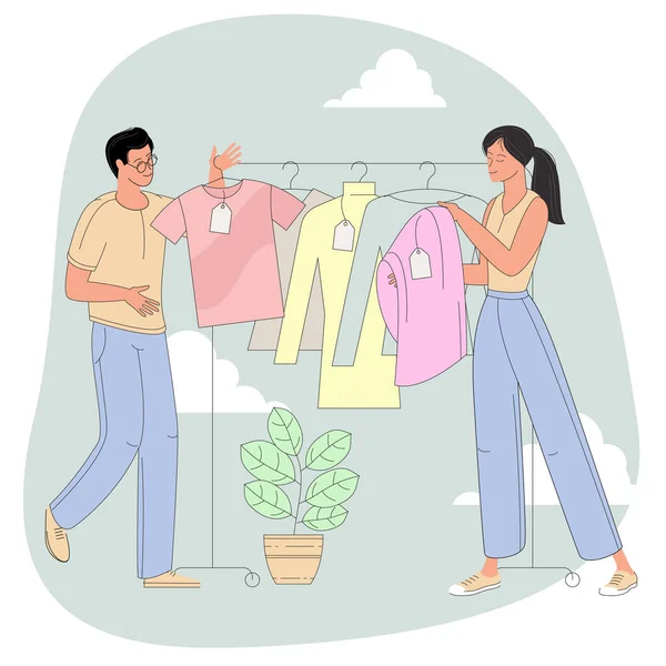 Personas eligiendo ropa en la tienda de ropa — Vector de stock