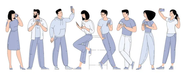 스마트폰을 가진 남녀들의 집합체입니다. — 스톡 벡터