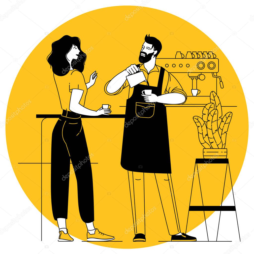 Coffee shop. Modern flat vector concept illustration of a young man barista pouring whipped milk into the coffee mug. Small business vector concept.