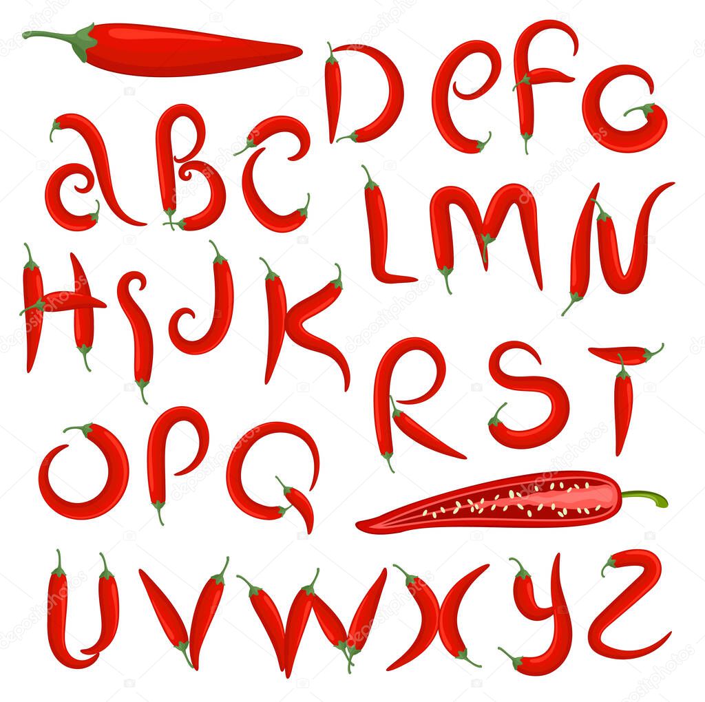Red chilly pepper vector set. Abstract alphabet font.
