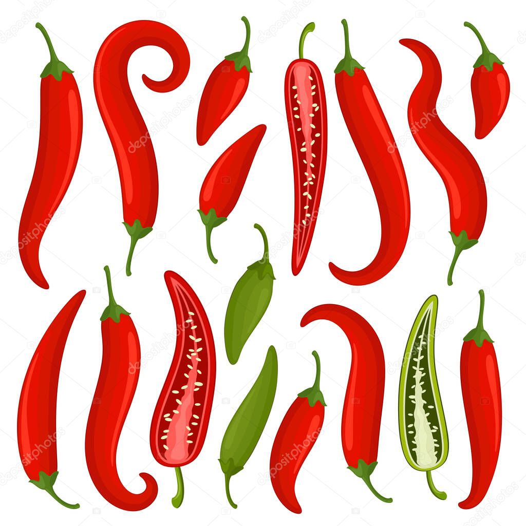 Hot red chili peppers, mexican chilli isolated on white background. Illustrator brushes to create custom shapes included.