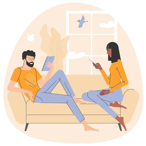 Jeune couple lisant des livres à la maison — Image vectorielle