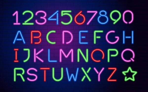 Neon Buchstaben und Zahlen. — Stockvektor