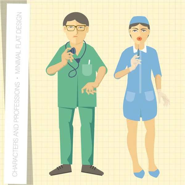 Médico y enfermera en estilo plano moderno . — Vector de stock