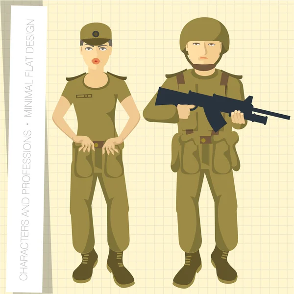 Military man and lady in flat modern style. — Stock Vector