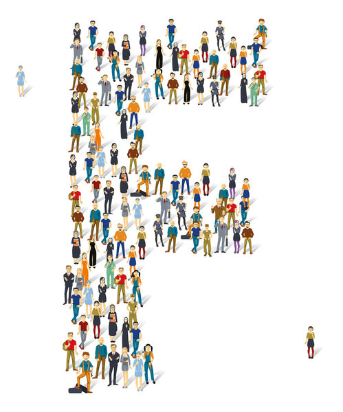 People crowd. ABC, letter F