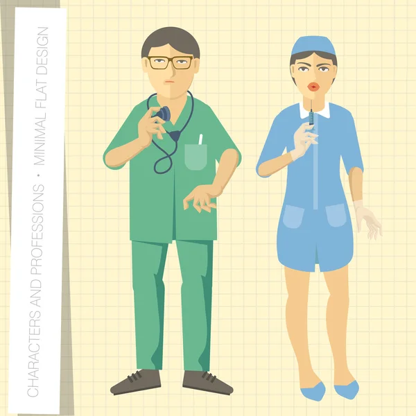 Médico y enfermera en estilo plano . — Vector de stock