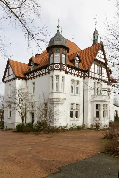 Вілла Штамера, побудовані в 1900 році в стилі Фахверкова обслуговує місто georgsmarienhuette як музей сьогодні, Нижня Саксонія, Німеччина Ліцензійні Стокові Зображення