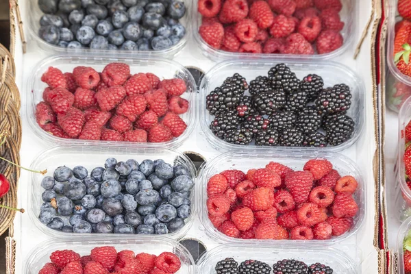 Fresh blueberries, raspberries and blackberries on a market in Italy — Stock Photo, Image