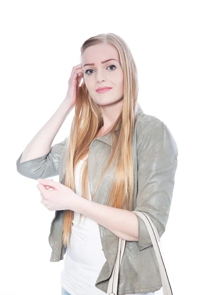 Hübsche blonde Frau im grauen Blazer — Stockfoto