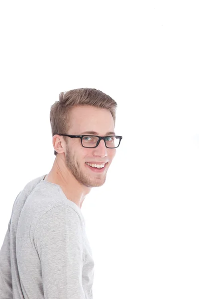 Mutlu genç adam kameraya bakarak gözlüklü — Stok fotoğraf