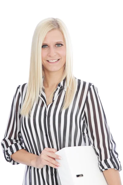 Blonde vrouw in Striped Shirt houden Binder Rechtenvrije Stockfoto's