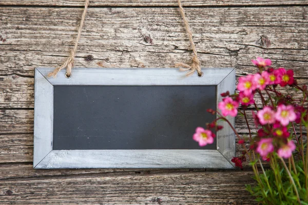 Lege rechthoekige schoolbord op rustieke houten muur — Stockfoto