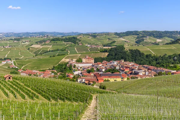 Piccola città e vigneti verdi in Italia . — Foto Stock