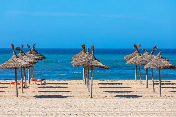 Guarda Chuvas Palha Praia Dia Ensolarado Sob Céu Lue Como — Fotografia de Stock