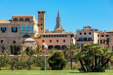 Eski tipik evler, ortaçağ kulesi ve İspanya 'nın Palma de Mallorca şehrinde mavi gökyüzünün altında gotik çan kulesi..