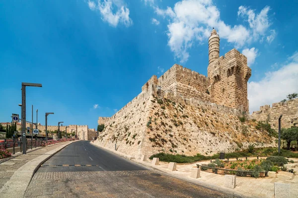 Camino Urbano Torre David Bajo Cielo Azul Ciudad Vieja Jerusalén — Foto de Stock