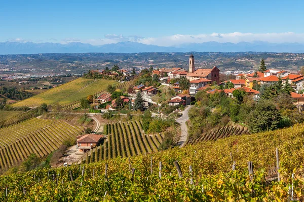 Vitigni autunnali e piccola città in Piemonte . — Foto Stock