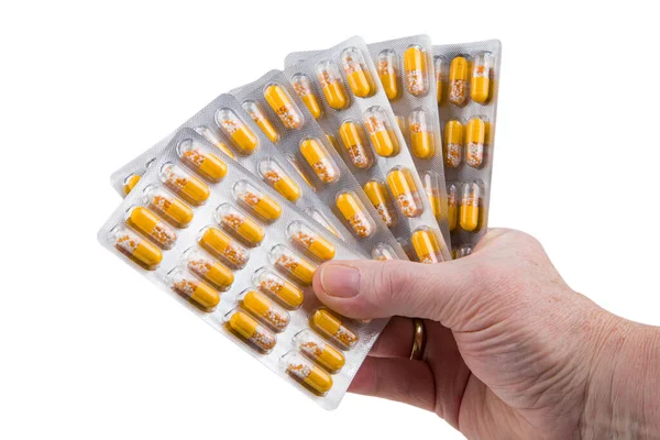 Kézi Buborékcsomagolás Fehér Alapon Izolált Tablettákkal — Stock Fotó