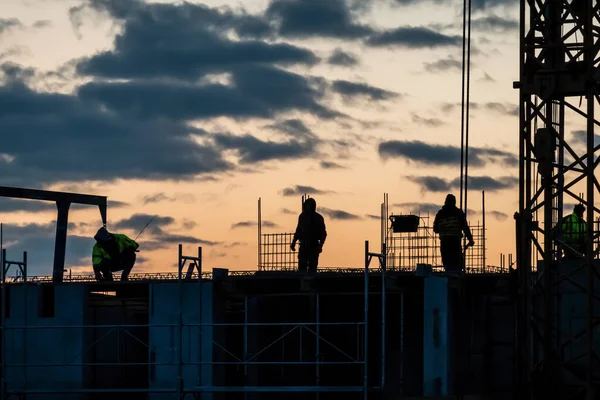 Ombres Des Travailleurs Construction Sur Chantier Construction Dans Lueur Après — Photo