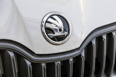 OBERURSEL, GERMANY 2021-04-27: Skoda Auto markasının logo detayı. Çek otomobil üreticisi ve üreticisinin sembolü.