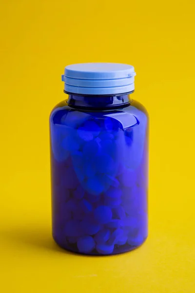 Pills Blue Pillbox Yellow Background — Stock Photo, Image