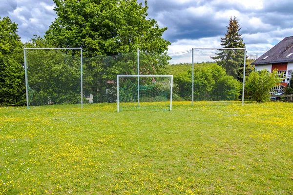 Piłka Nożna Gole Małym Boisku Sportowym Otaczają Kwitnącą Łąkę — Zdjęcie stockowe